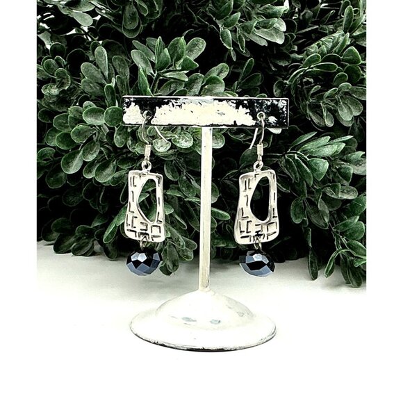 Silver Tone Geometric Drop Earrings With Black Faceted Beads - Picture 4 of 7